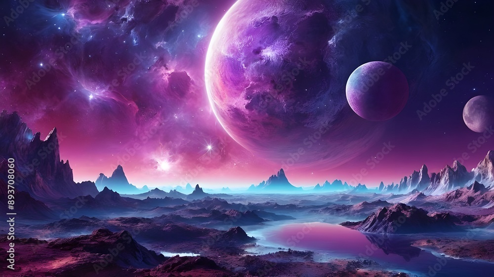 Science fiction fantasy planet and moon landscape, paradise. Purple graphic of the cosmos, galaxy, and universe, space wallpaper with astronomy and nebula atmospheric exploration Science fiction fantasy planet and moon landscape, paradise. Purple graphic of the cosmos, galaxy, and universe, space wallpaper with astronomy and nebula atmospheric exploration