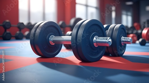 Dumbbells in the gym on the floor, close-up, bokeh red and blue fitness background wallpaper, copy space. Exercises that target muscle strength and provide a healthy foundation for bodybuilding