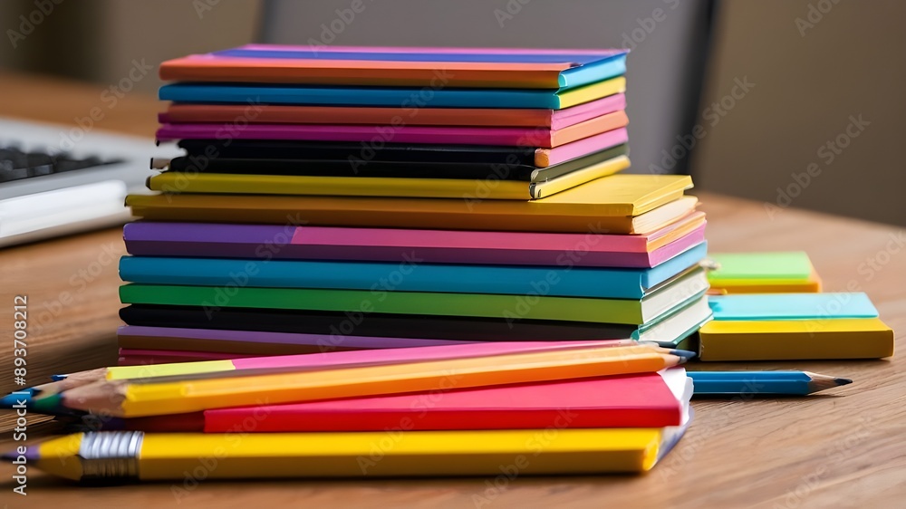 Pencils are stacked atop a pile of books or on a table or desk next to a laptop notebook computer, with colored sticky notes surrounding the stack. School, business office, and student education Pencils are stacked atop a pile of books or on a table or desk next to a laptop notebook computer, with colored sticky notes surrounding the stack. School, business office, and student education