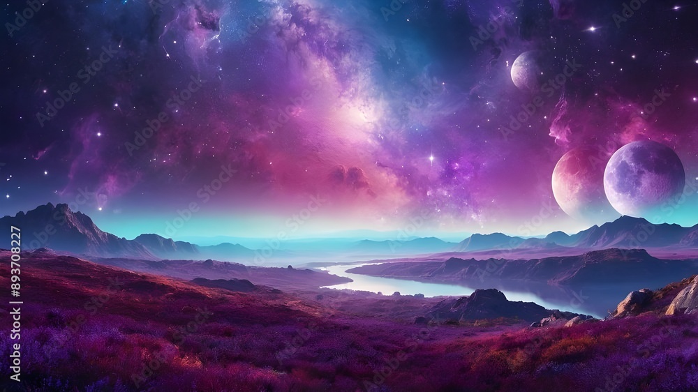 Science fiction fantasy planet and moon landscape, paradise. Purple graphic of the cosmos, galaxy, and universe, space wallpaper with astronomy and nebula atmospheric exploration Science fiction fantasy planet and moon landscape, paradise. Purple graphic of the cosmos, galaxy, and universe, space wallpaper with astronomy and nebula atmospheric exploration