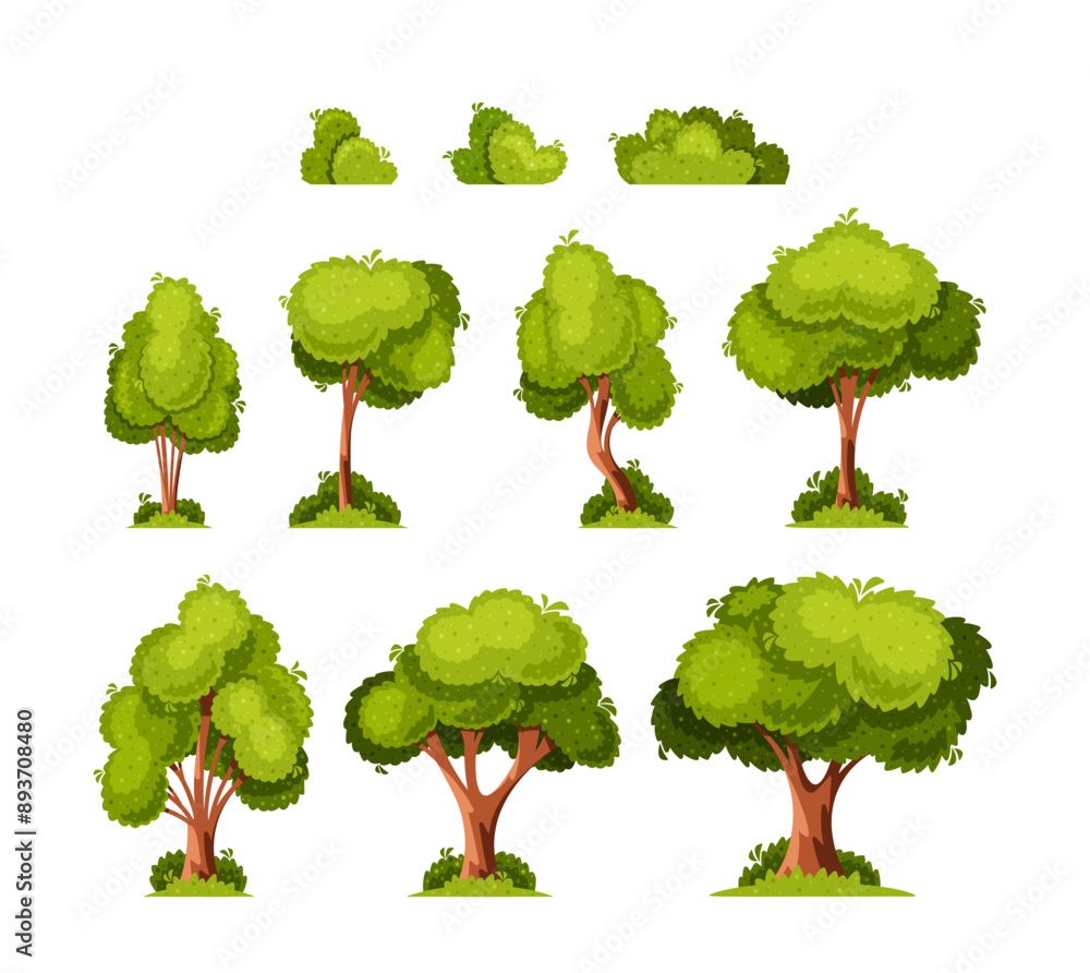 Fototapeta premium Collection Of Various Cartoon Green Trees And Bushes Isolated On White Background Perfect For Game Design