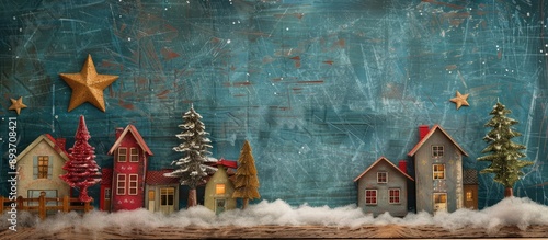 Rustic Christmas backdrop on a vintage wooden school slate featuring houses, star, and winter snow, with room for text or images. image with copy space