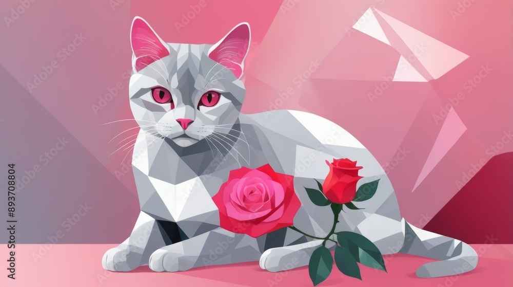 A cat and a rose with a triangular background. A cat and a rose with a triangular background.