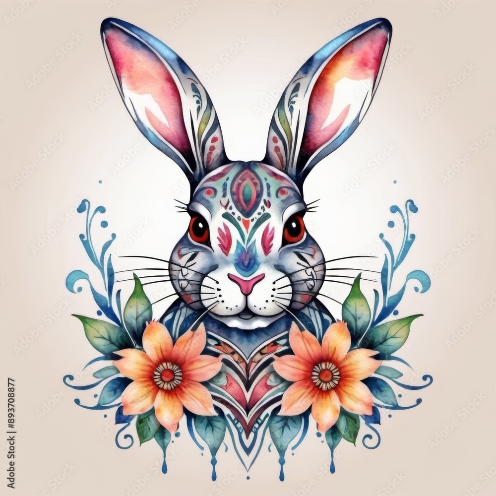 Obraz premium Watercolor illustration of a cute rabbit surrounded by colorful flowers, with a flower crown on its head.