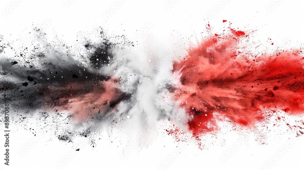 Dynamic explosion of black and red powder on a white background. Creative and vibrant concept for abstract art and energetic designs. Dynamic explosion of black and red powder on a white background. Creative and vibrant concept for abstract art and energetic designs.