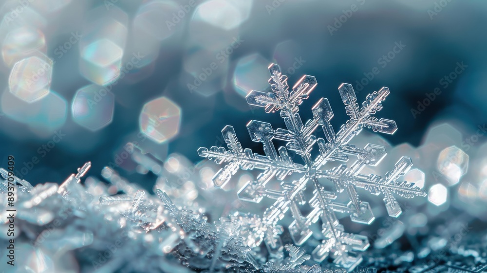 A macro shot of a snowflake on a cold surface, revealing its delicate and intricate crystalline structure A macro shot of a snowflake on a cold surface, revealing its delicate and intricate crystalline structure
