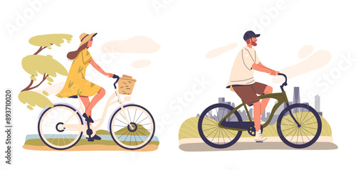 Characters Riding Bicycles In An Outdoor Setting. Vector Scene Captures A Carefree, Leisurely Atmosphere