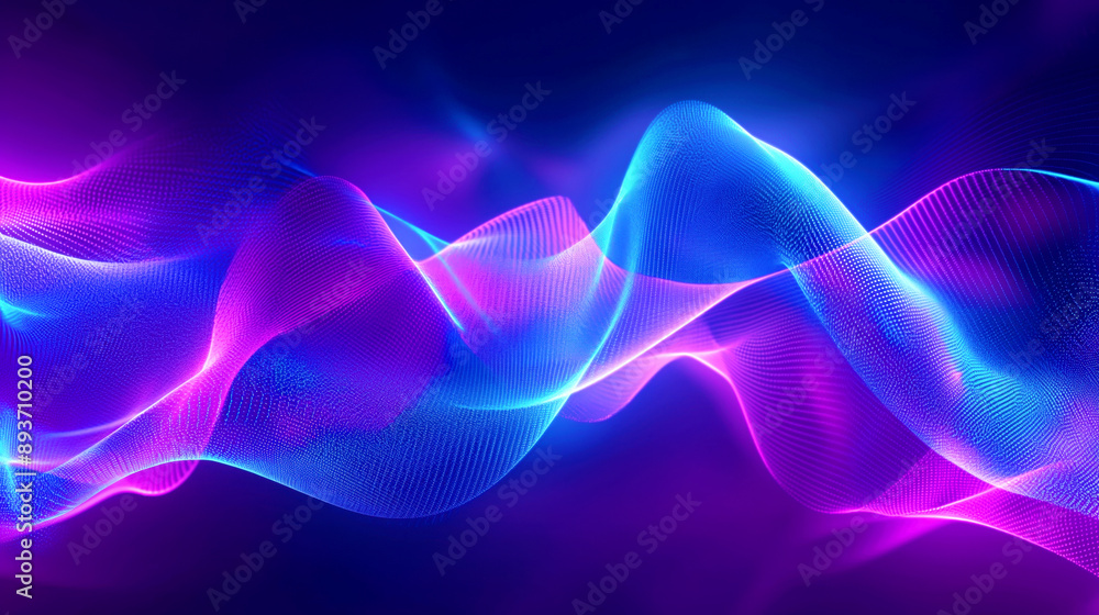 Fototapeta premium Abstract digital waveforms with vibrant neon colors of blue and purple on a dark background.