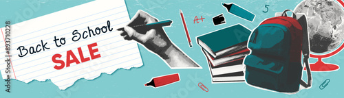 Back to School SALE vector collage on blue background with halftone elements books, backpack, globe, hand writing, pencil, markers, paper clips and torn notebook paper, evoking excitement for school.