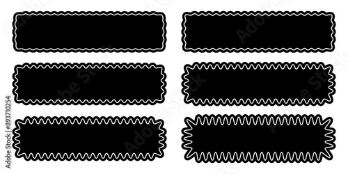Set of rectangle forms with wiggly edges. Rectangular shapes with wavy borders. Empty text boxes, tags or labels isolated on white background. Vector graphic illustration.