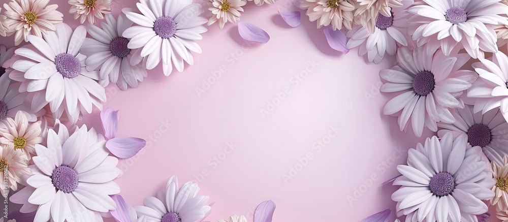 Romantic wallpaper featuring a frame of white and purple daisies on a pink background with a flat top view, ideal for text placement within the copy space image. Romantic wallpaper featuring a frame of white and purple daisies on a pink background with a flat top view, ideal for text placement within the copy space image.