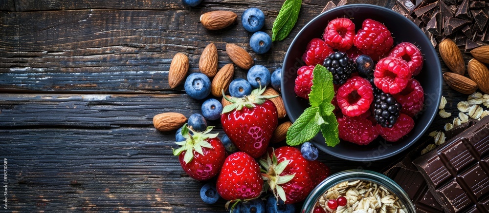 Fresh berries, oatmeal, almonds, and chocolate arranged for a healthy breakfast preparation on a rustic wooden backdrop in a top view composition with copy space image. Fresh berries, oatmeal, almonds, and chocolate arranged for a healthy breakfast preparation on a rustic wooden backdrop in a top view composition with copy space image.