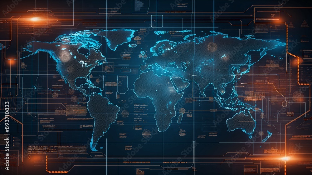Obraz premium Screen maps of the world, sophisticated digital technology neural circuits