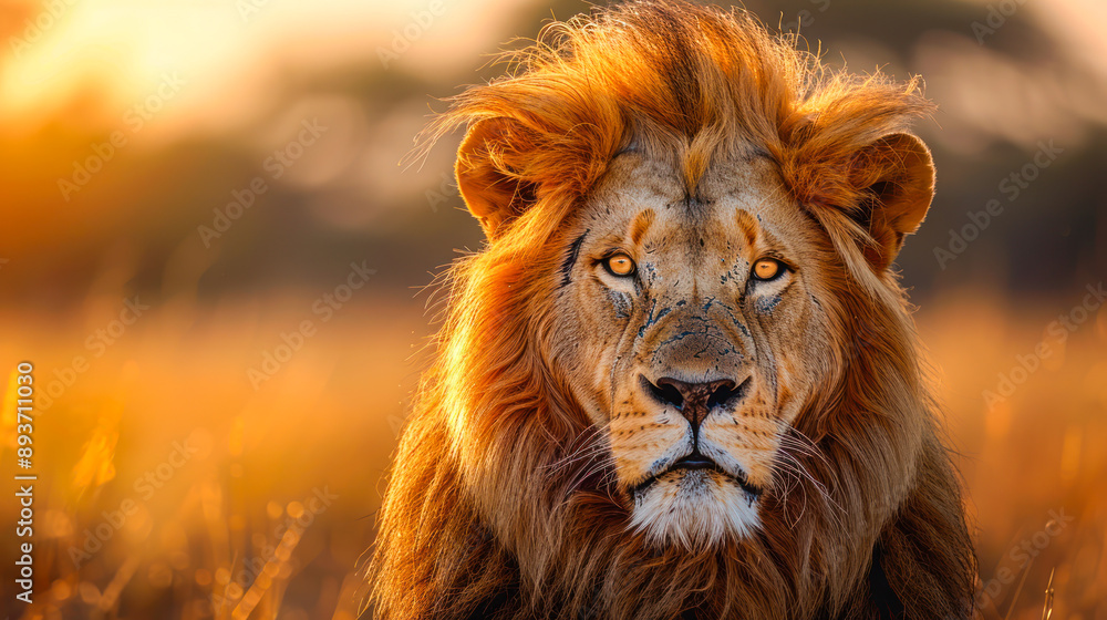 A majestic lion stands tall in the African savannah. Portrait of a Big lion in Kenya Africa at sunset. lion savanna predator looking at camera, close up. Poster, picture A majestic lion stands tall in the African savannah. Portrait of a Big lion in Kenya Africa at sunset. lion savanna predator looking at camera, close up. Poster, picture