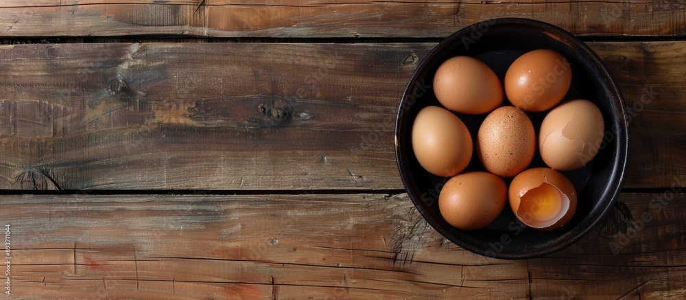 Fresh eggs in a black dish are seen from above on a wooden background in the copy space image. Fresh eggs in a black dish are seen from above on a wooden background in the copy space image.