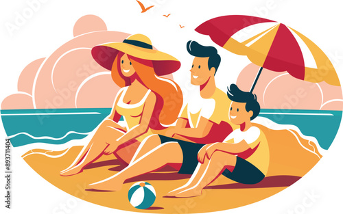 A family enjoying summer on a beach. Elliptical design