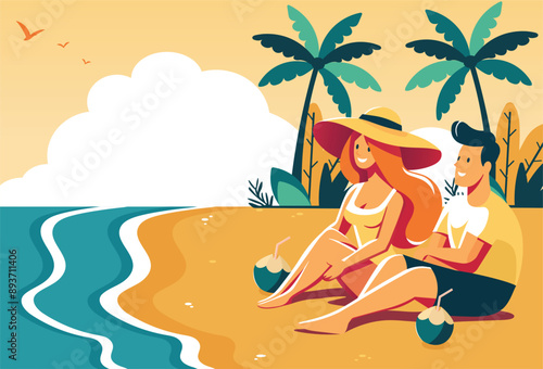 A Couple enjoying summer on a paradisiacal beach. Vector Illustration