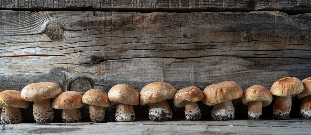 Forest mushrooms on an aged wooden board, arranged neatly with visible cracks, creating a rustic charm in a row, ideal for adding your message in the copy space image. Forest mushrooms on an aged wooden board, arranged neatly with visible cracks, creating a rustic charm in a row, ideal for adding your message in the copy space image.