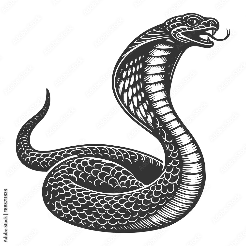 Fototapeta premium cobra snake in a menacing striking pose, rendered with fine engraving detail sketch engraving generative ai raster illustration. Scratch board imitation. Black and white image.