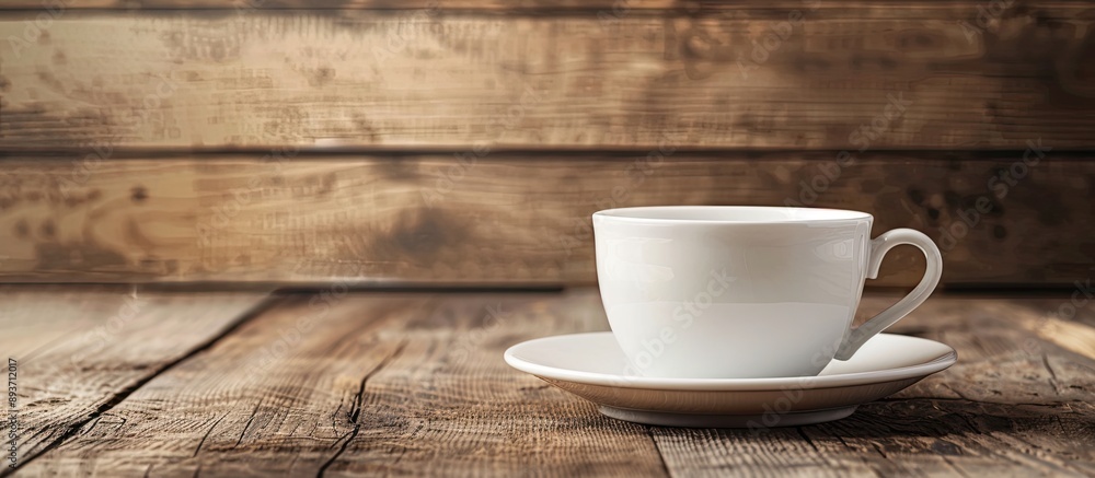 White coffee cup and saucer sit on a wooden surface showcasing copy space image. White coffee cup and saucer sit on a wooden surface showcasing copy space image.