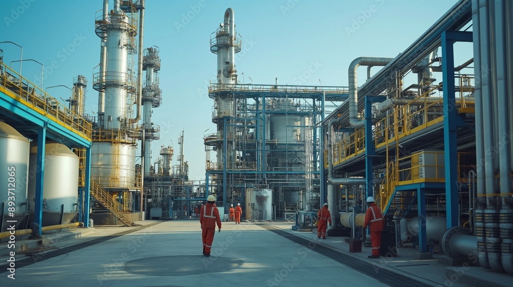 Fototapeta premium fertilizer production facility with chemical reactors, storage tanks, and workers loading unloading materials