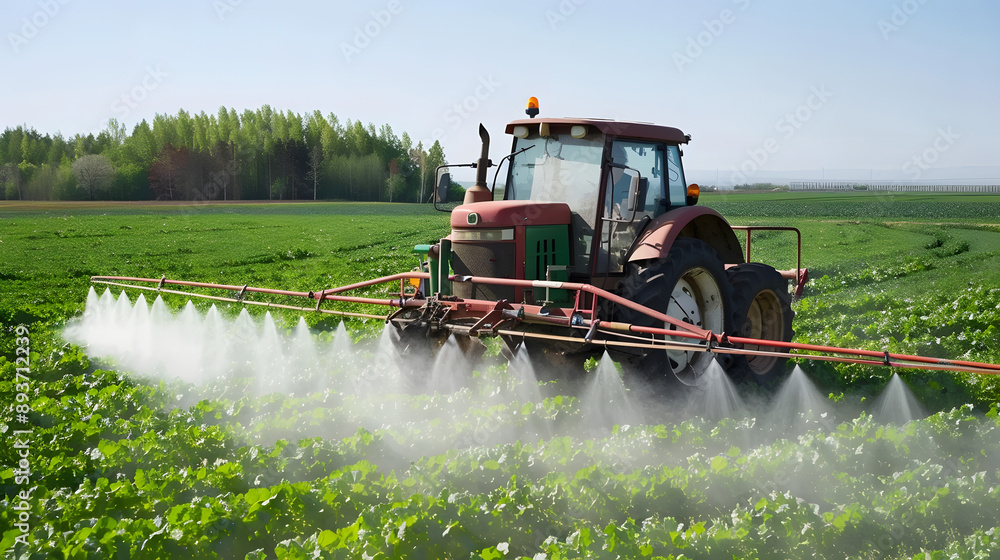 Fototapeta premium The Tractors spraying pesticides on farm field with sprayer at the noon