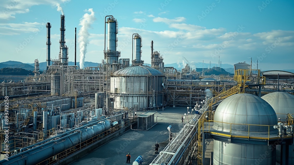 Obraz premium fertilizer production facility with chemical reactors, storage tanks, and workers loading unloading materials