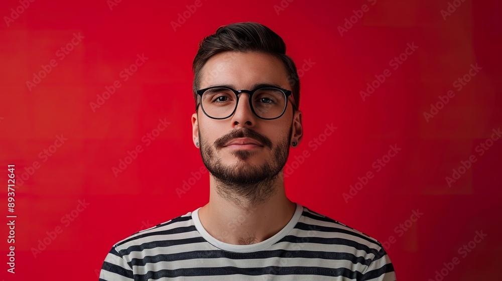 Obraz premium a portrait of a man in a striped shirt against a bold red background, emphasizing space for text or message placement