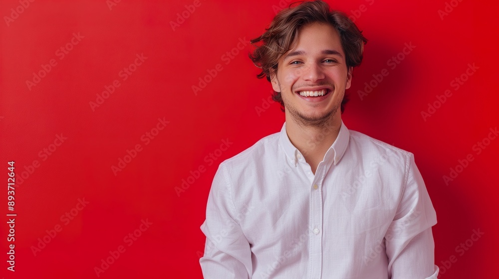 a portrait of a joyful young man in a white shirt, smiling brightly, against a bold red background, emphasizing space for text or promotional content
a portrait of a joyful young man in a white shirt, smiling brightly, against a bold red background, emphasizing space for text or promotional content