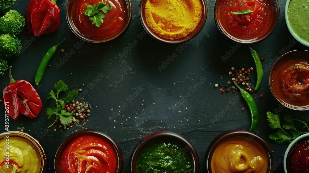 Indian condiments with copy-space above view. Indian condiments with copy-space above view.