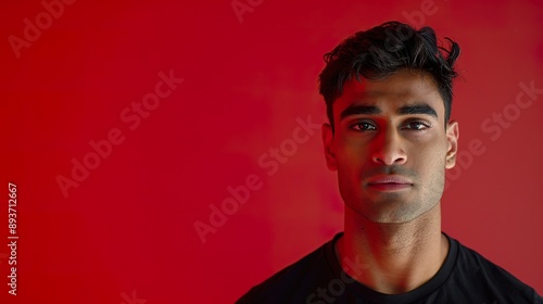 a portrait of a multi-ethnic Indian man against a bold red background, emphasizing space 