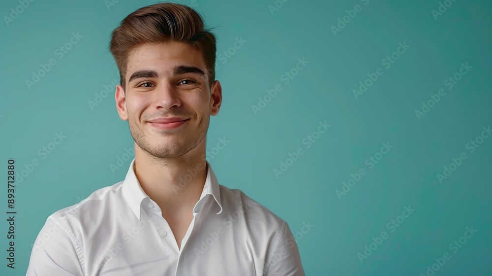 a portrait of a smiling young man in a white shirt on a teal background, conveying positivity and professionalism, with space allocated for adding text or branding a portrait of a smiling young man in a white shirt on a teal background, conveying positivity and professionalism, with space allocated for adding text or branding