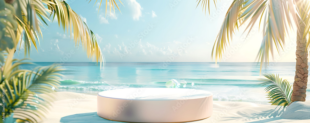 Fototapeta premium Empty beach Summer podium background pedestal platform for showing product.