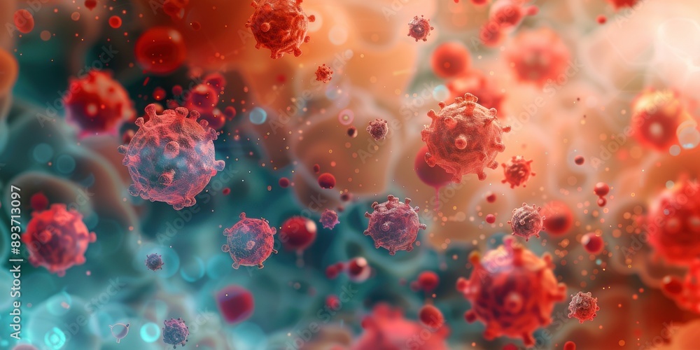 An abstract depiction of cancer cells invading the bloodstream, with vivid colors representing the spread and impact on the body An abstract depiction of cancer cells invading the bloodstream, with vivid colors representing the spread and impact on the body