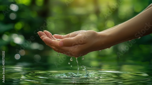 Woman holding water in cupped hands, nature background