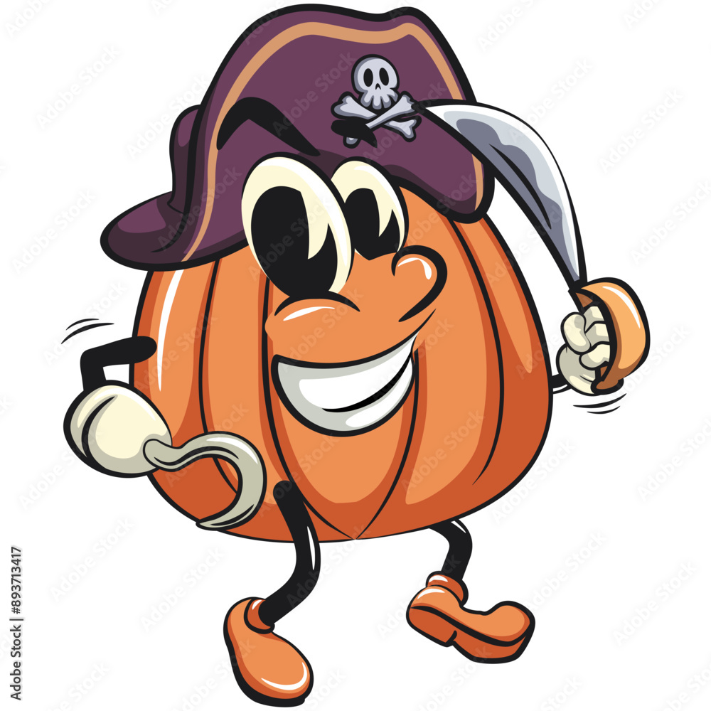 Naklejka premium character of a cute pumpkin cartoon vector isolated clip art mascot illustration as pirate with dagger, work of hand drawn