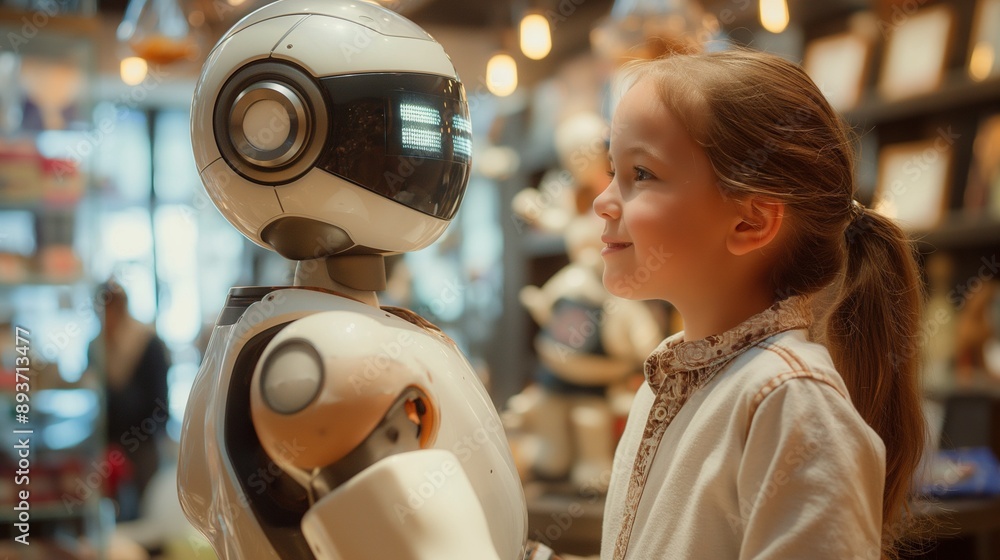 A cute girl is playing with a robot, child talking to modern white robot learning assistant A cute girl is playing with a robot, child talking to modern white robot learning assistant