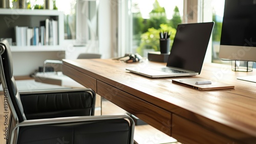 Wallpaper Mural Modern home office with minimalist wooden desk, laptop, monitor, and stylish black chair in a bright, airy workspace. Torontodigital.ca