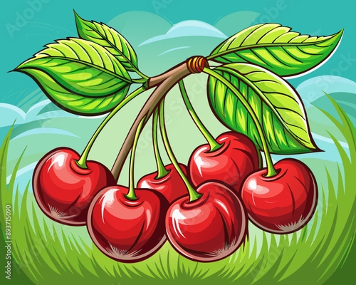 illustration Vector of red cherry on a branch with leaves, green farm field background, hand drawn vegetabes and fruit cartoon photo