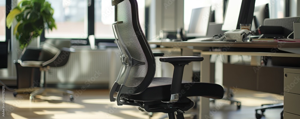 Fototapeta premium Modern office interior with ergonomic chair and computer desks. Sunlight streaming through large windows. Comfortable and professional workspace.