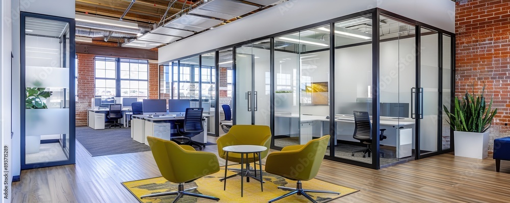 Poster Modern office interior with glass partition walls, open ...