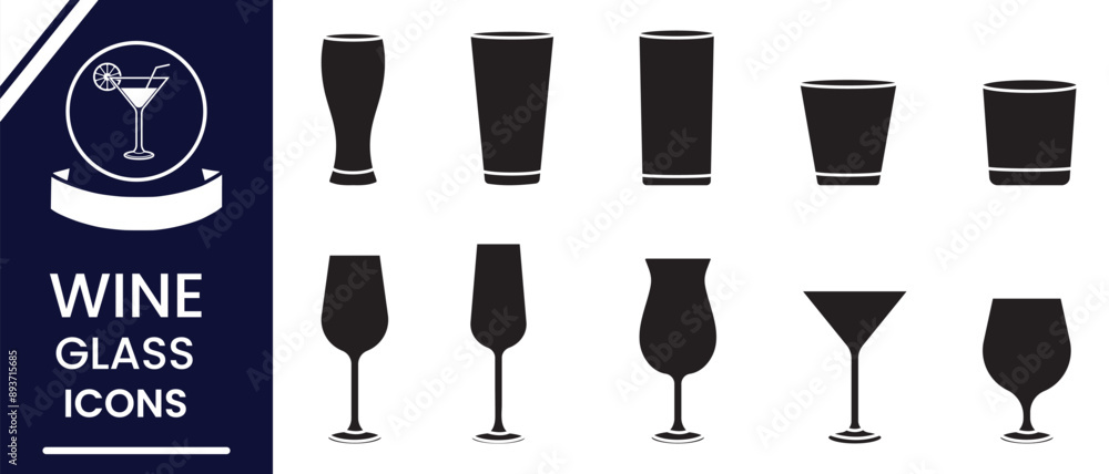 Set of Wine Glass silhouette, Icon, vector. Cocktail glass symbol vector, icon for web design, logo, app. Set of empty glasses. Vector illustration. Set of Wine Glass silhouette, Icon, vector. Cocktail glass symbol vector, icon for web design, logo, app. Set of empty glasses. Vector illustration.
