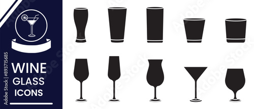Set of Wine Glass silhouette, Icon, vector. Cocktail glass symbol vector, icon for web design, logo, app. Set of empty glasses. Vector illustration.