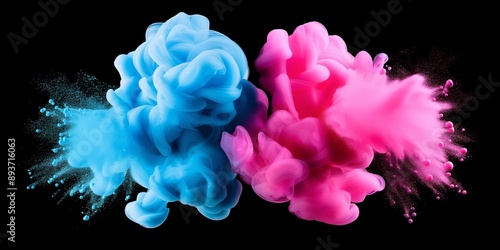 Two clouds of smoke, one blue and one pink, are blowing in opposite directions