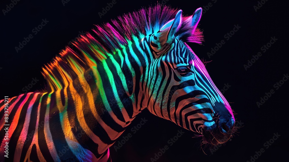 Fototapeta premium A vibrant zebra illuminated with colorful lights against a dark background, showcasing its unique stripes and captivating beauty.