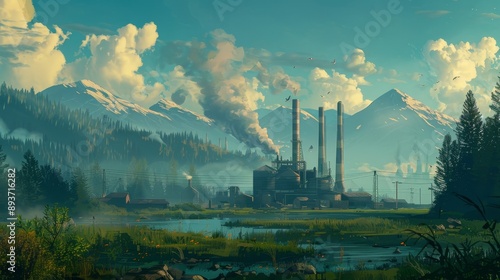 The image shows a rising sea and factories working, representing climate change and global warming.