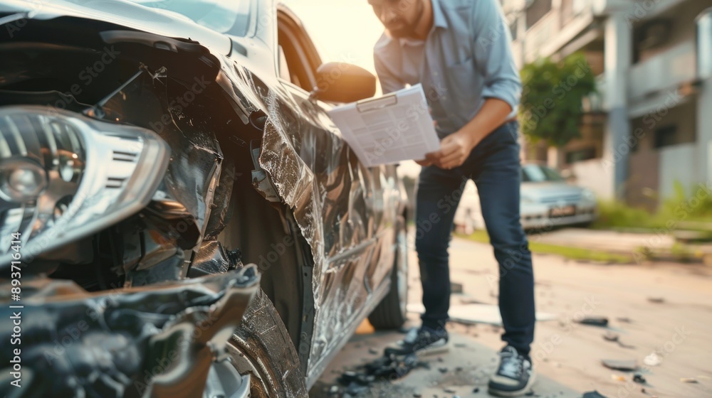 Obraz premium male insurance agent inspects damaged car after accident