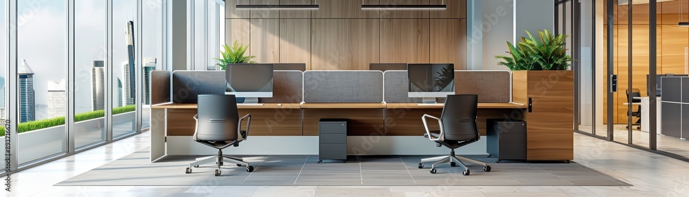 Modern open office space with sleek desks, ergonomic chairs, large windows, and potted plants, creating a productive and inviting work environment. Modern open office space with sleek desks, ergonomic chairs, large windows, and potted plants, creating a productive and inviting work environment.
