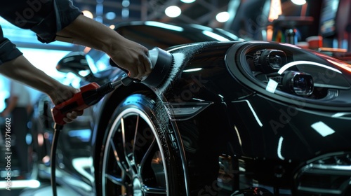 mechanic polishing black car with polisher
