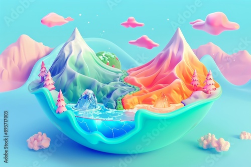 Planet Earth with climatic zones and volcanoes. Cartoon illustration of climate change.
